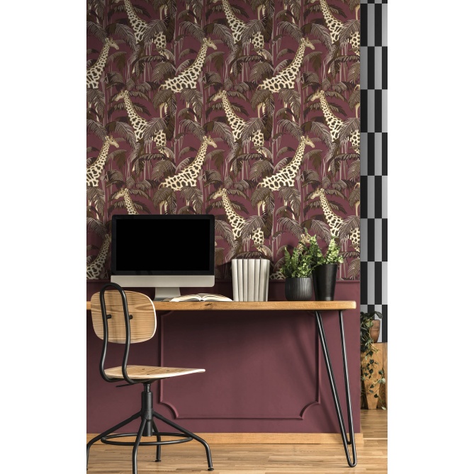 Papel pintado jirafas y palmeras burdeos - ZALUNIA 02 | MURAKE - 836776