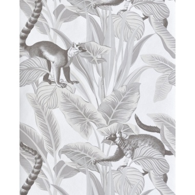 Papel pintado lémures entre hojas gris - LEMBARA 01 | MURAKE - 836778