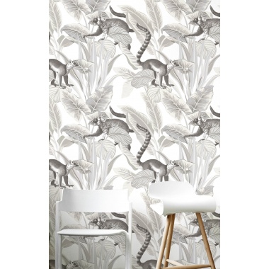 Papel pintado lémures entre hojas gris - LEMBARA 01 | MURAKE - 836778