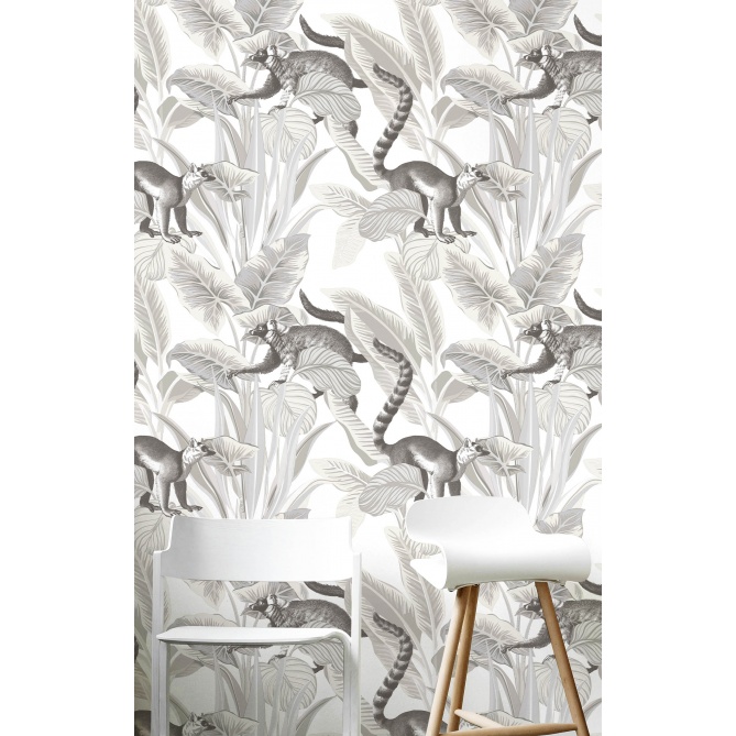 Papel pintado lémures entre hojas gris - LEMBARA 01 | MURAKE - 836778