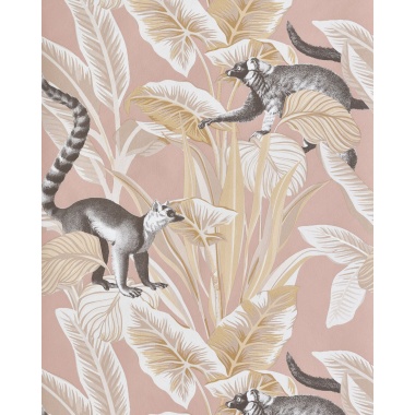 Papel pintado lémures entre hojas rosa tostado - LEMBARA 02 | MURAKE - 836779