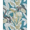 Papel pintado lémures entre hojas azul pavo real - LEMBARA 03 | MURAKE - 836780