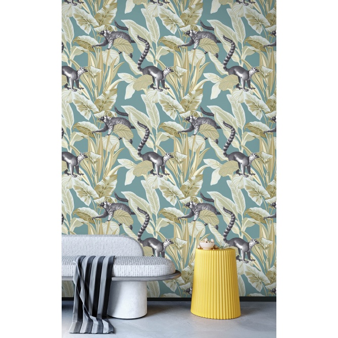 Papel pintado lémures entre hojas azul pavo real - LEMBARA 03 | MURAKE - 836780