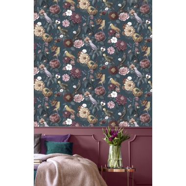 Papel pintado flores y aves azul - AVILORA 01 | MURAKE - 836785