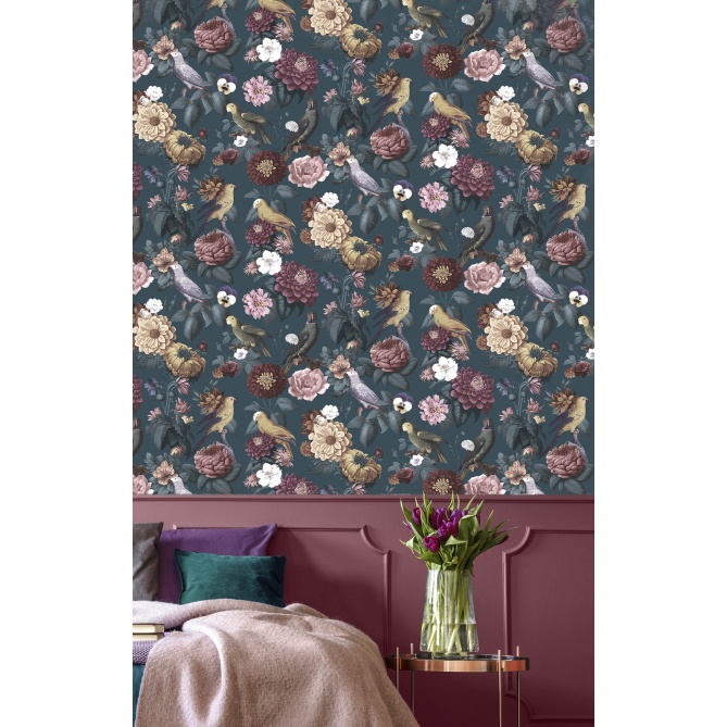 Papel pintado flores y aves azul - AVILORA 01 | MURAKE - 836785