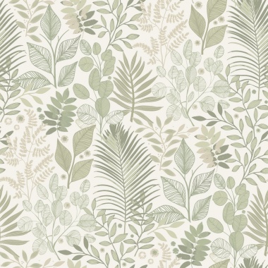 Papel pintado hojas y helechos verde y blanco - ELUNIA 02 | MURAKE - 203212