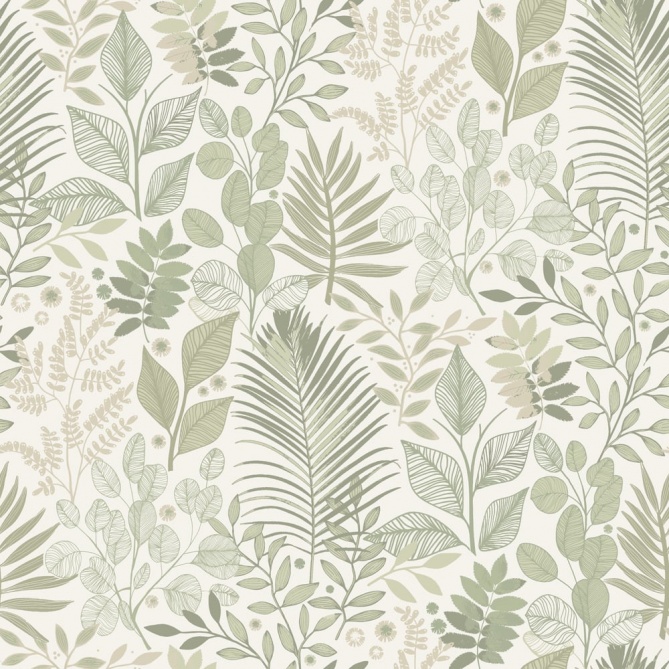 Papel pintado hojas y helechos verde y blanco - ELUNIA 02 | MURAKE - 203212
