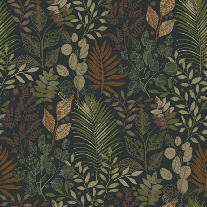 Papel pintado hojas y helechos negro y verde - ELUNIA 04 | MURAKE - 203214