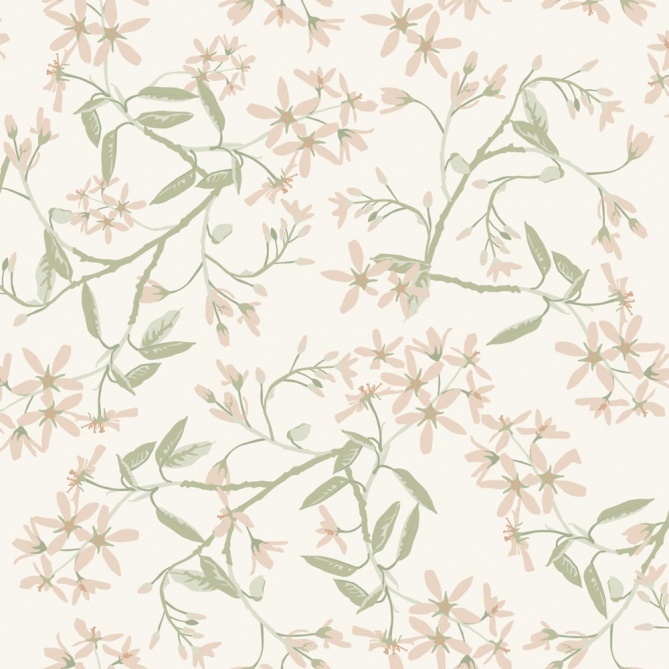 Papel pintado ramas florales rosa y blanco roto - FLORIEL 02 | MURAKE - 203221