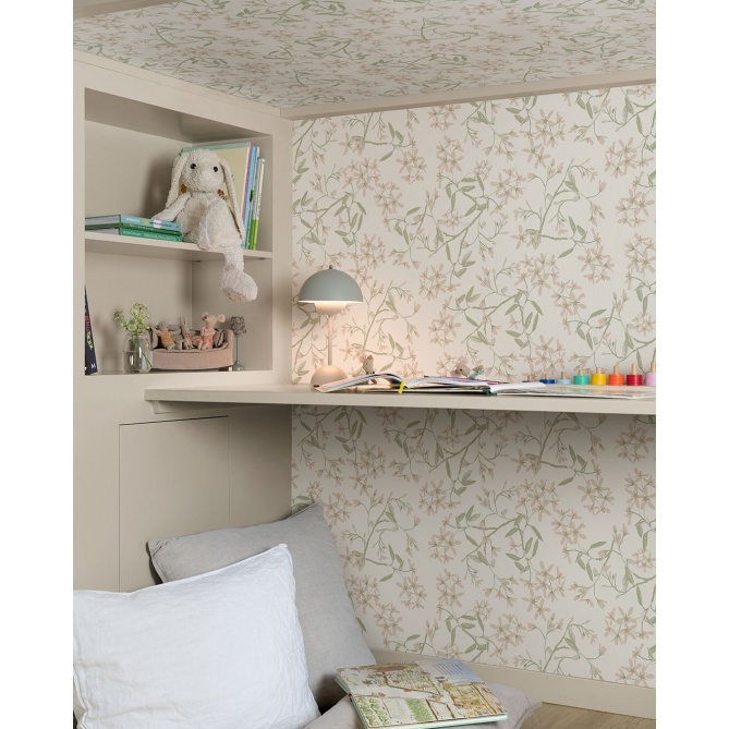Papel pintado ramas florales rosa y blanco roto - FLORIEL 02 | MURAKE - 203221