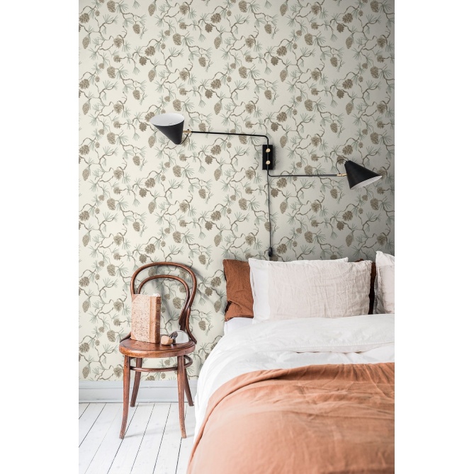 Papel pintado pino y piñas beige y blanco roto - PINARA 01 | MURAKE - 203225