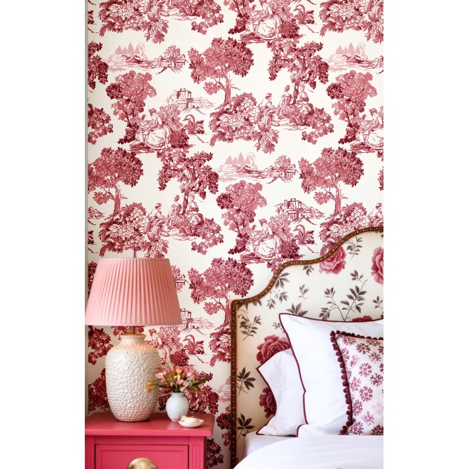Papel pintado Valcour en un dormitorio, estilo toile de jouy